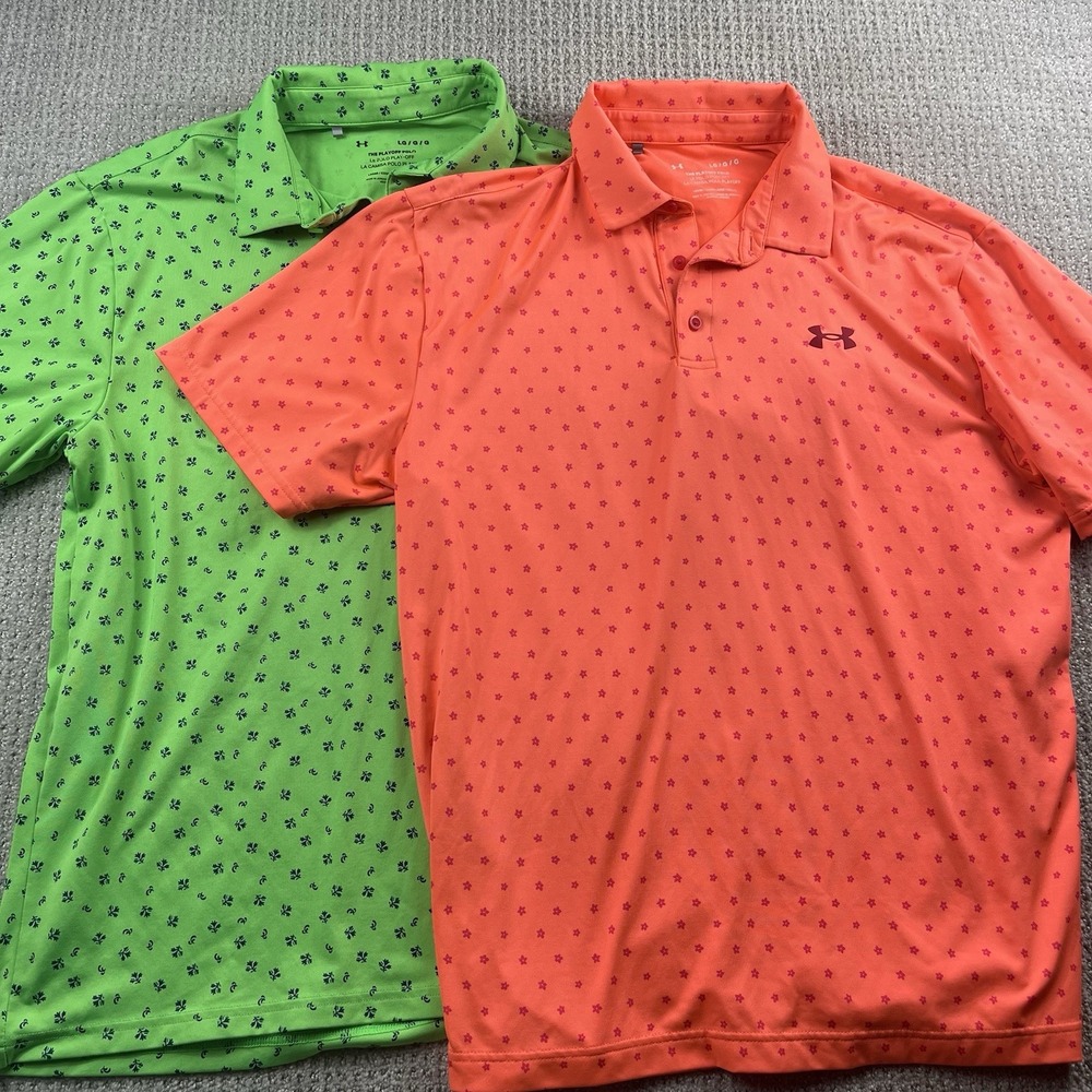 Under Armour Playoff Polo Men Large Golf Shirt Green Coral AOP Performance Lot 2